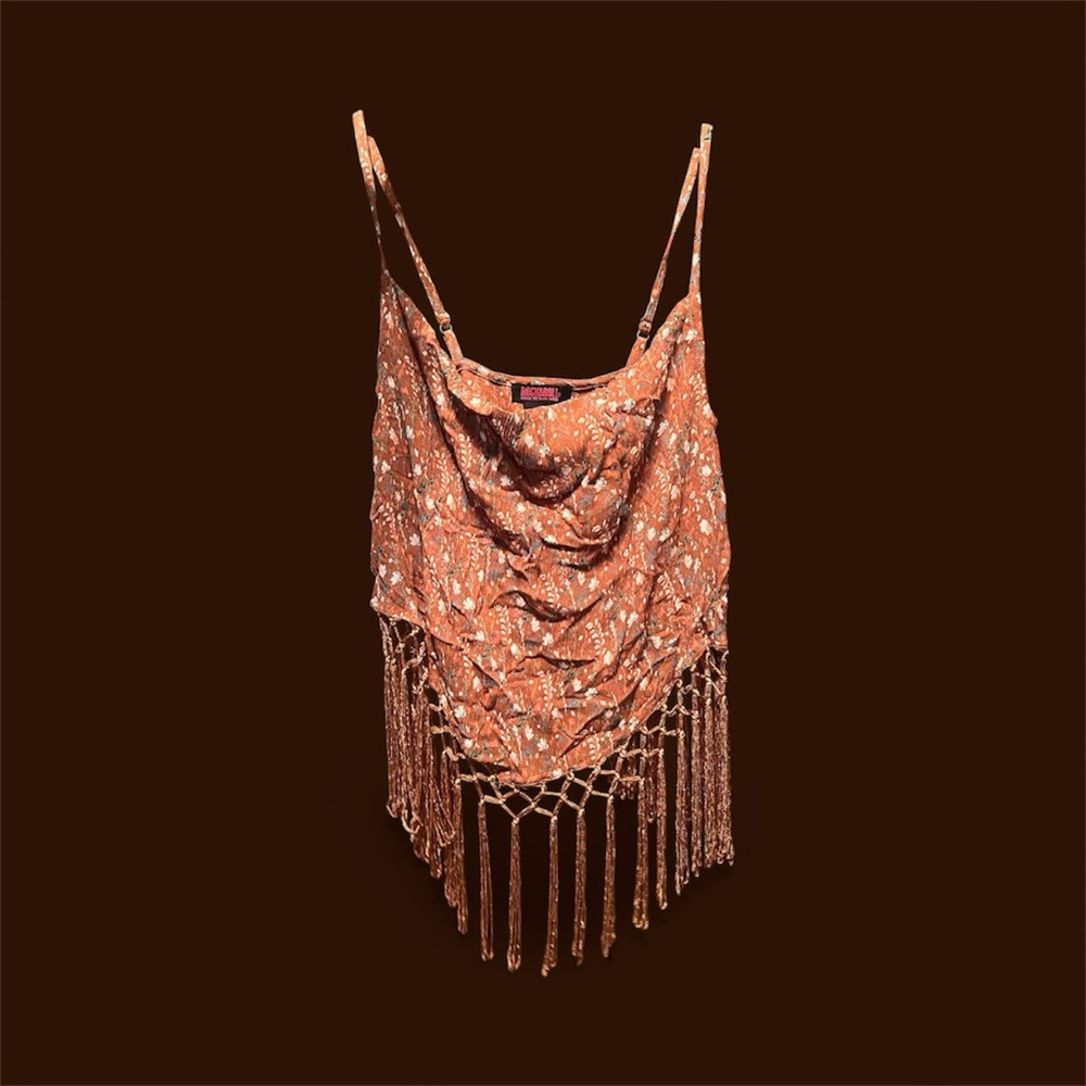 Rock&Roll Denim Brand Orangey Brown Floal Fringe Tank Top